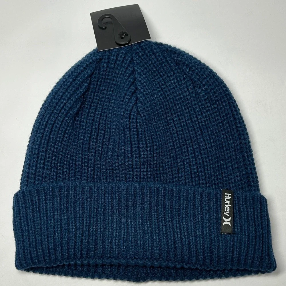 Hurley‎ Mens Max Cuff 2.0 Beanie Blue Ribbed Knit Cuffed Hat Winter Tossle Cap